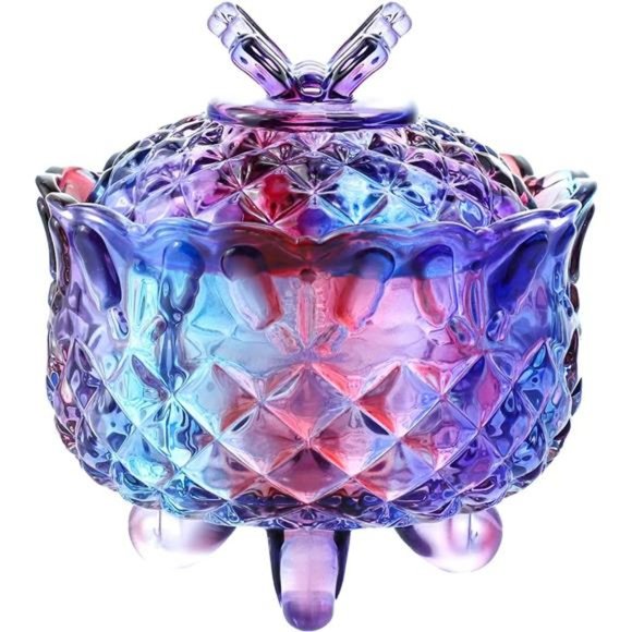 Royal Embossed CrystalGlass Candy Box with Lid Footed JewelryBowl Wedding Buffet - Picture 1 of 8